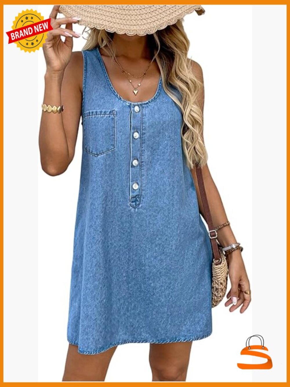 Casual Denim Mini Tank Dress Scoop Neck Sleeveless Button Front